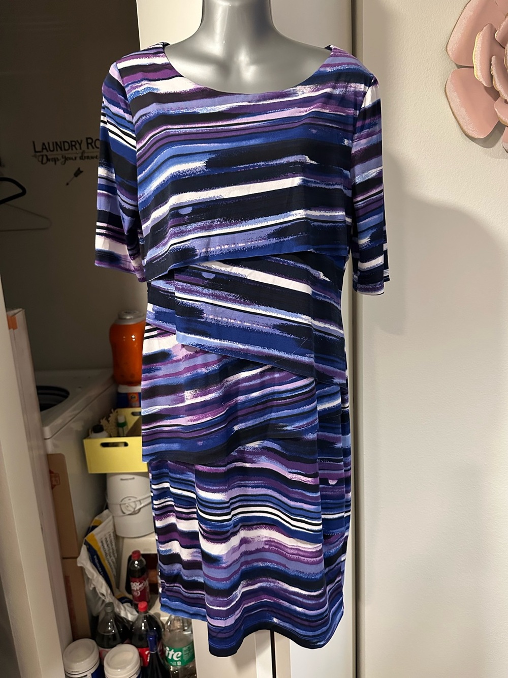 Connected Apparel Size 10 Striped Purple & Blue Layered Women's Dress